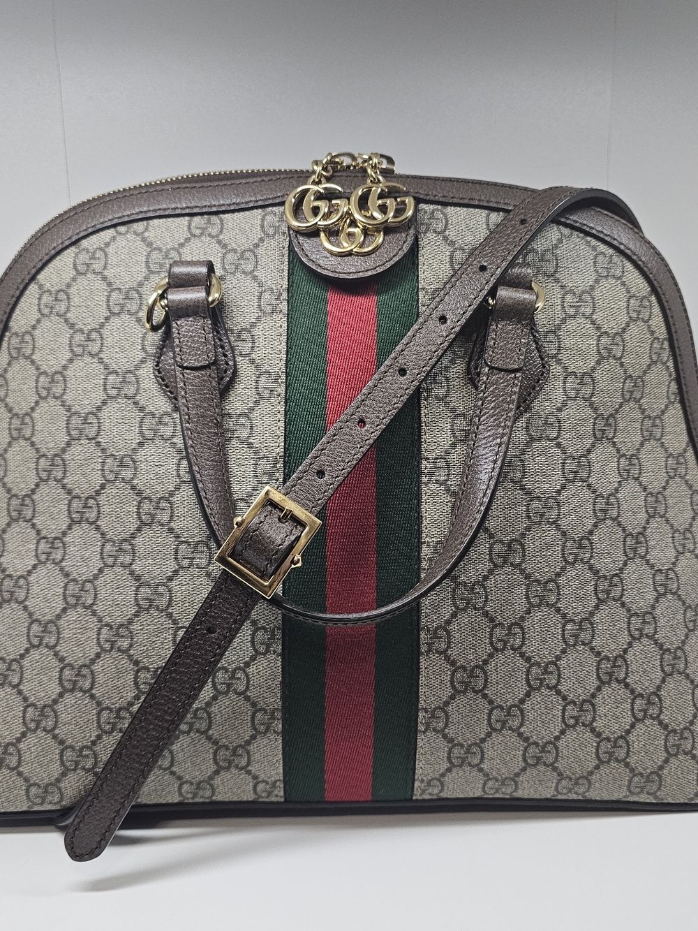 Gucci Brown GG Supreme Canvas Ophidia Dome Shoulder Bag - Brown/Green/Red
